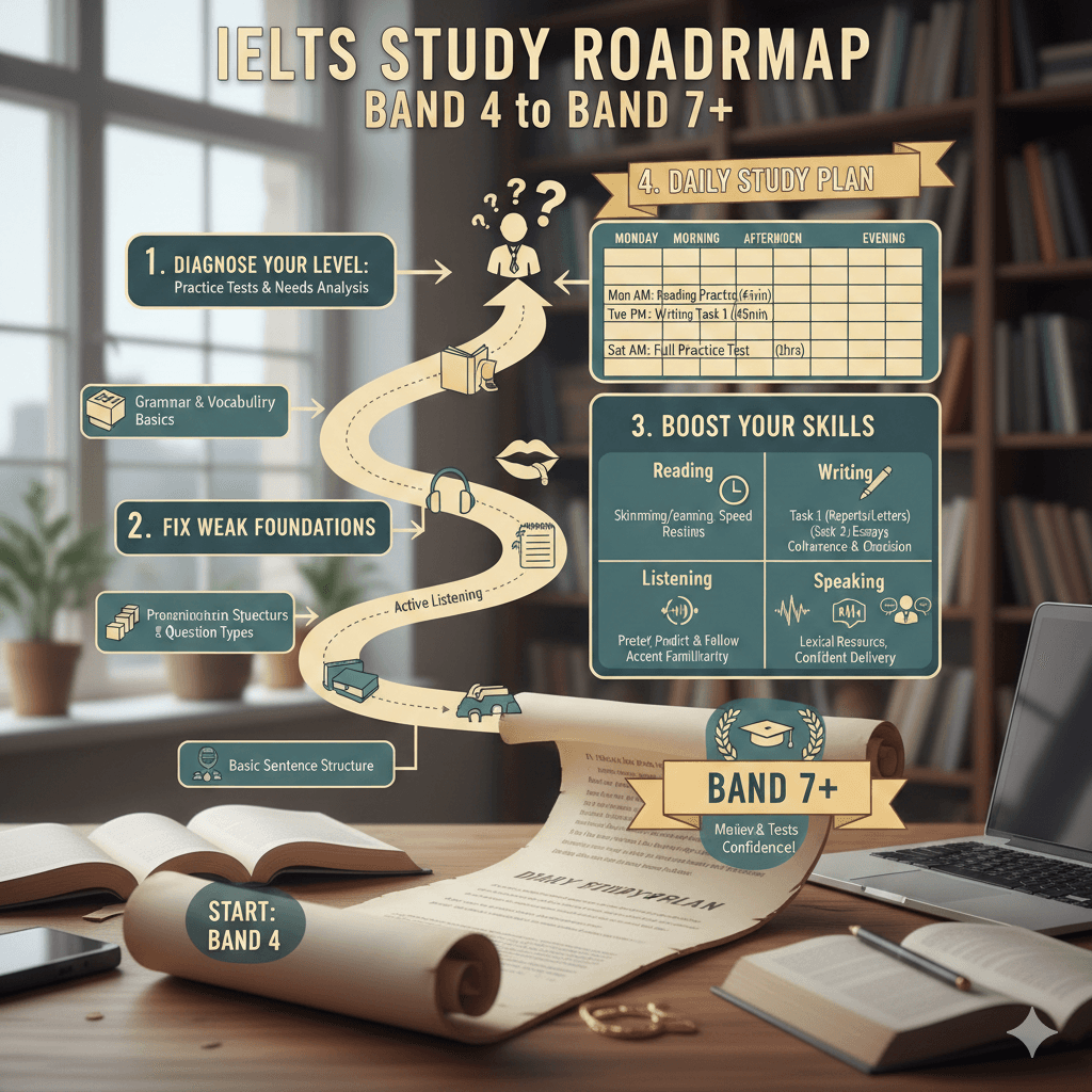 The Complete IELTS Preparation Roadmap: Band 4 to Band 7+